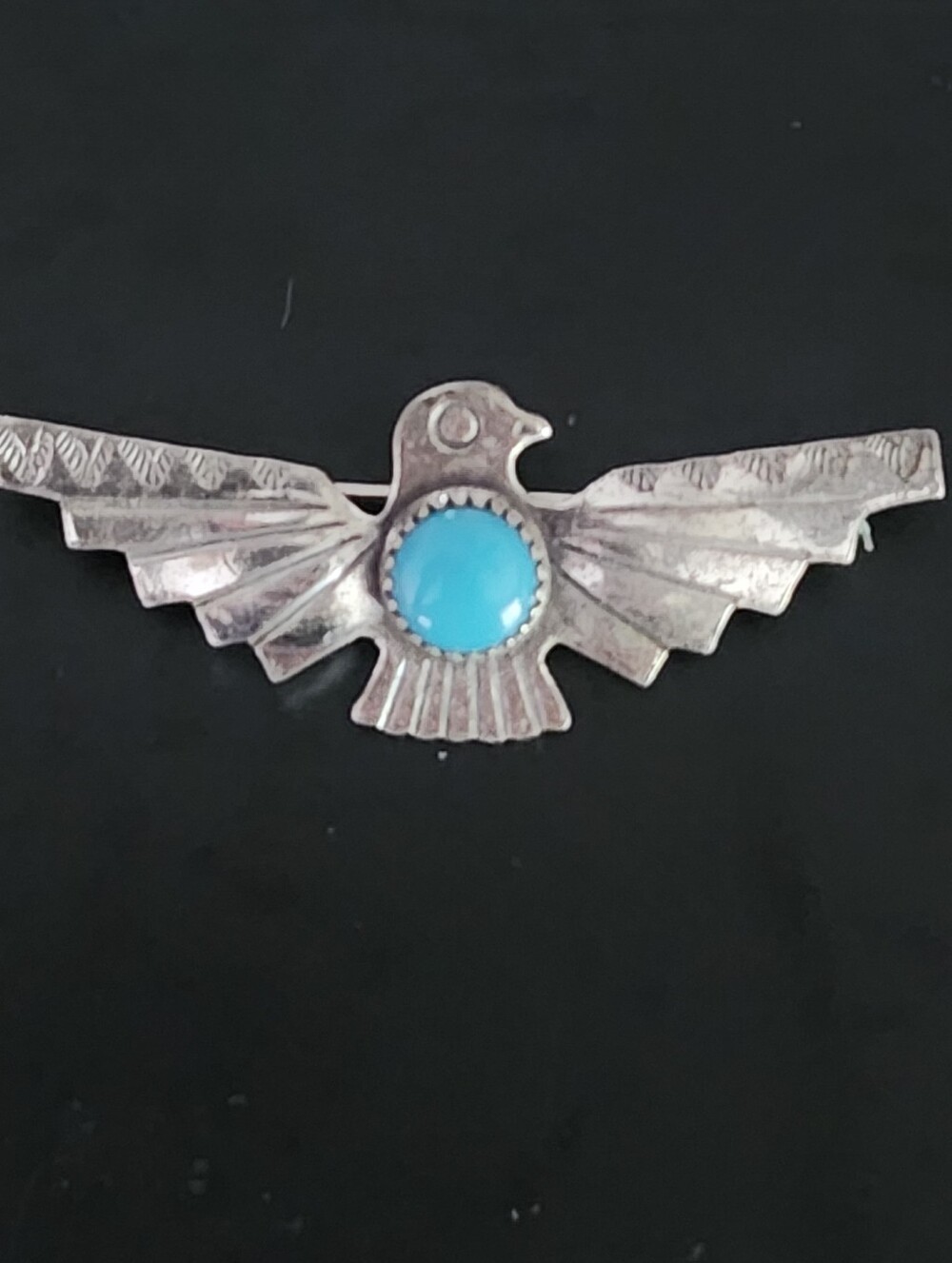Native American Sterling Silver Thunderbird Brooch With Turquoise Stone
